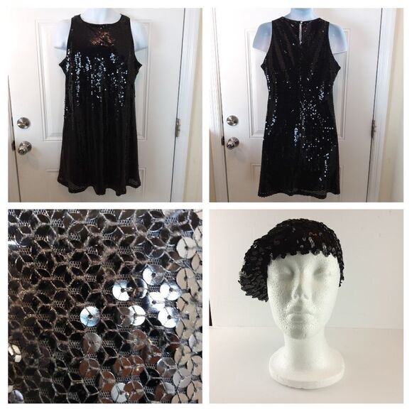 Tiana B. Black sequin sleeveless fully lined dress with matching beret - Picture 1 of 16